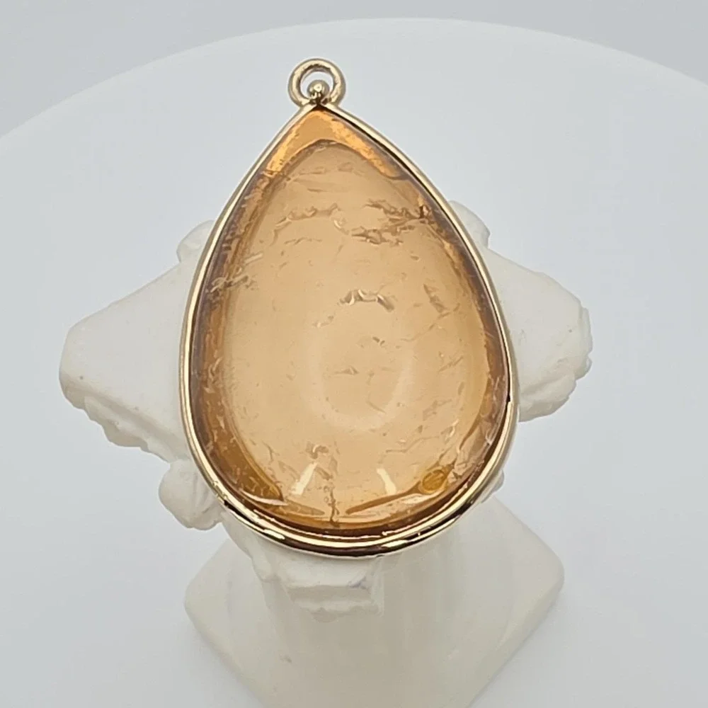 Vintage MONET Signed‎ Pale Orange Quartz Stone Pendant Large Gold Tone 2